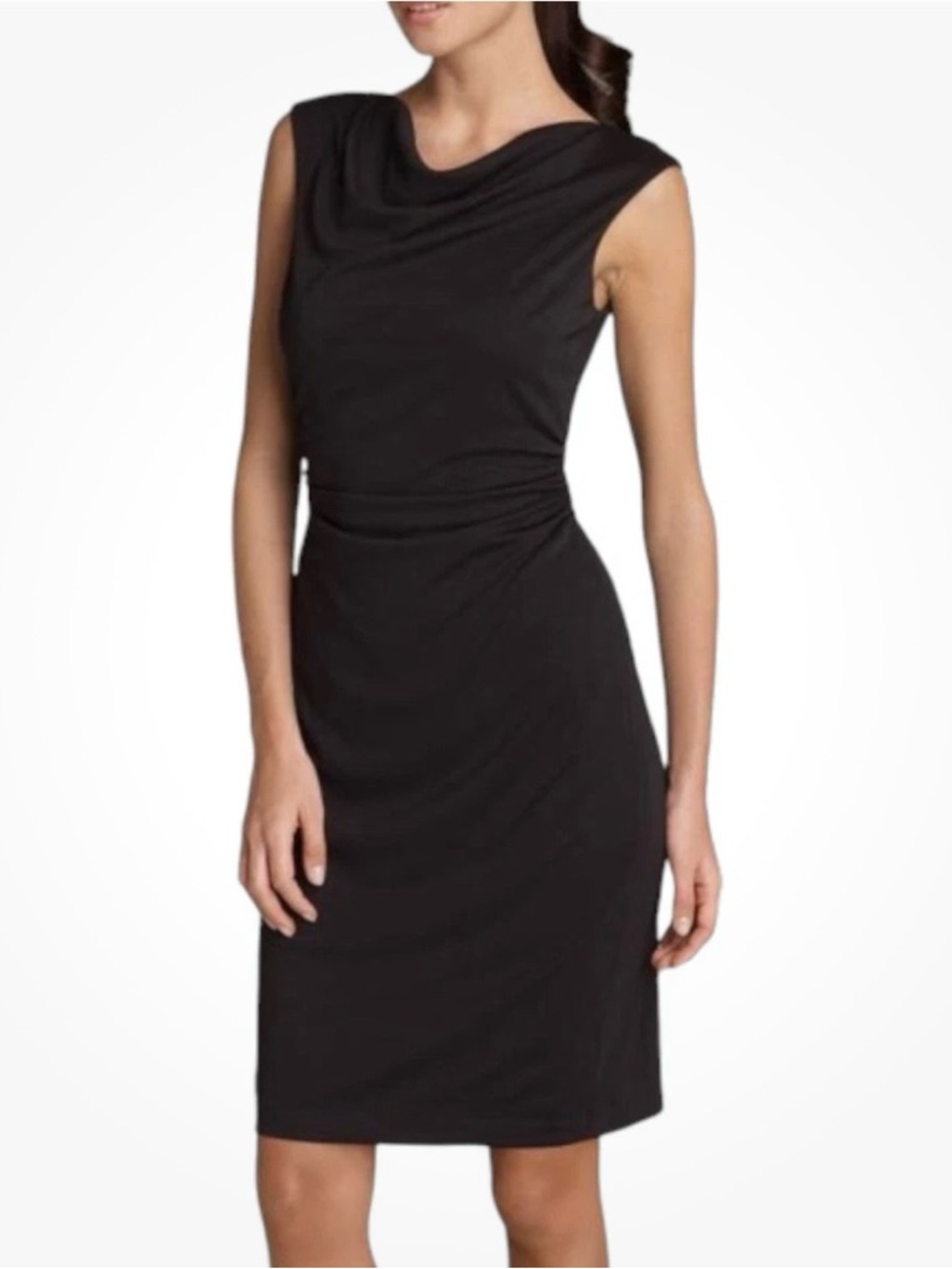 David Meister Black Sleeveless Drape Neck Sheath Dress